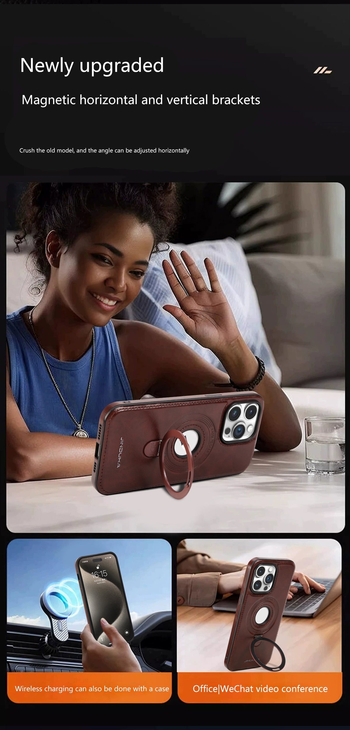 Premium PU Leather MagSafe Case with Kickstand Ring Holder for iPhone