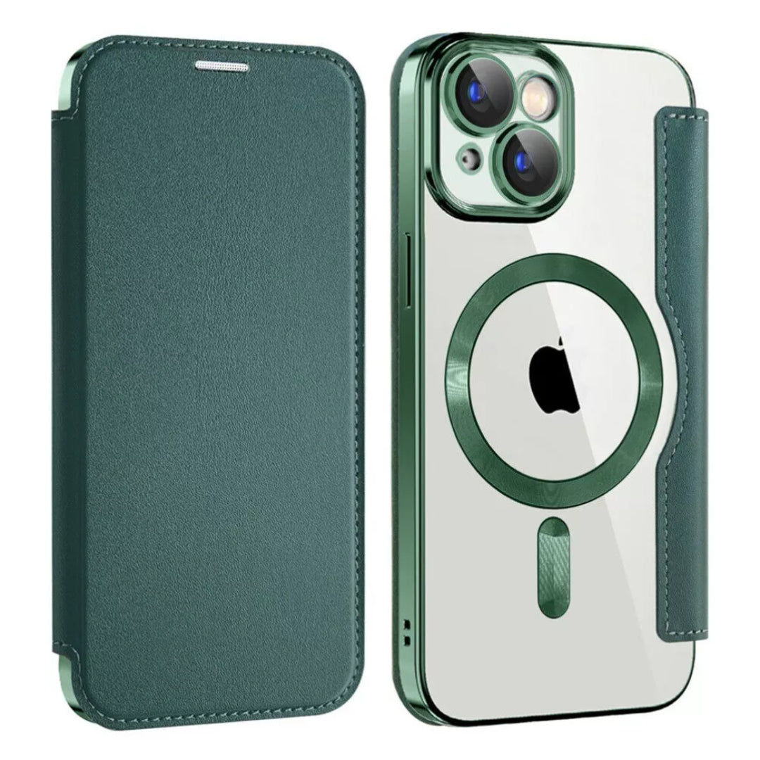 Stylish Magsafe Leather Flip Case with Transparent Back and Credit Card Slot for iPhone - Luxury Protection with Added Convenience