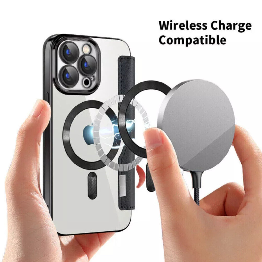 Stylish Magsafe Leather Flip Case with Transparent Back and Credit Card Slot for iPhone - Luxury Protection with Added Convenience