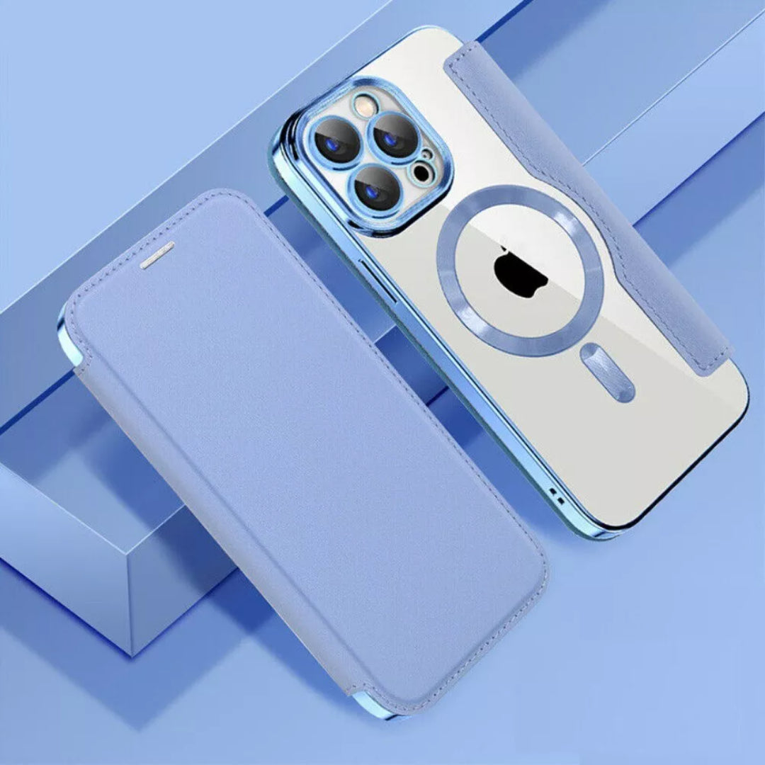 Stylish Magsafe Leather Flip Case with Transparent Back and Credit Card Slot for iPhone - Luxury Protection with Added Convenience