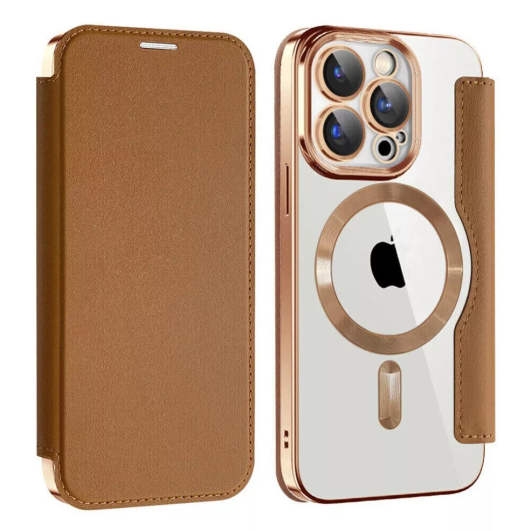 Stylish Magsafe Leather Flip Case with Transparent Back and Credit Card Slot for iPhone - Luxury Protection with Added Convenience