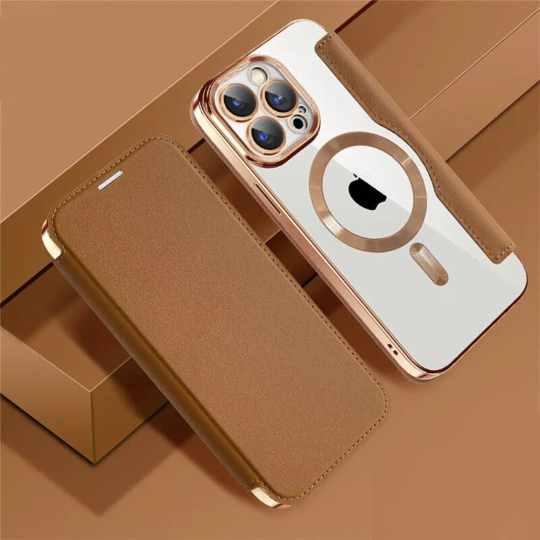 Stylish Magsafe Leather Flip Case with Transparent Back and Credit Card Slot for iPhone - Luxury Protection with Added Convenience