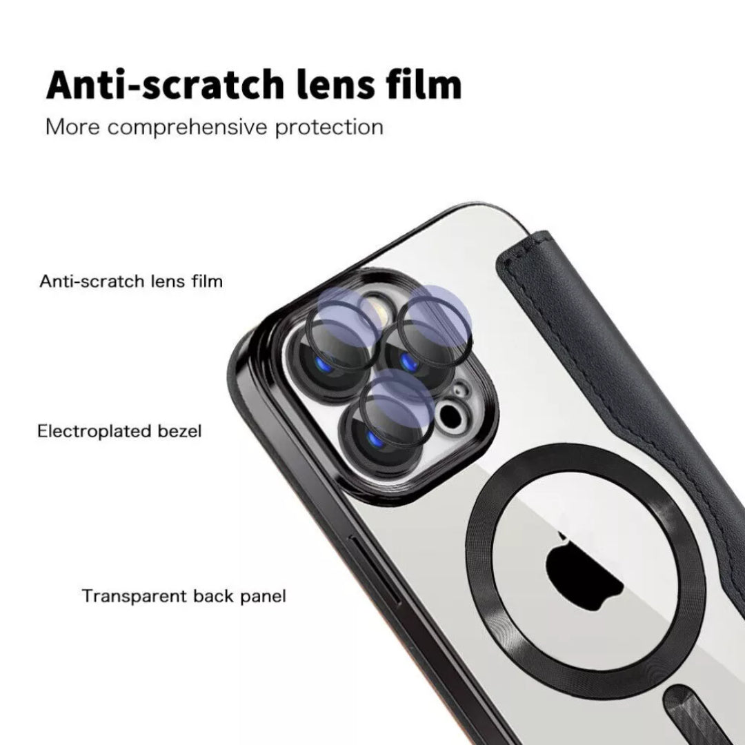 Stylish Magsafe Leather Flip Case with Transparent Back and Credit Card Slot for iPhone - Luxury Protection with Added Convenience