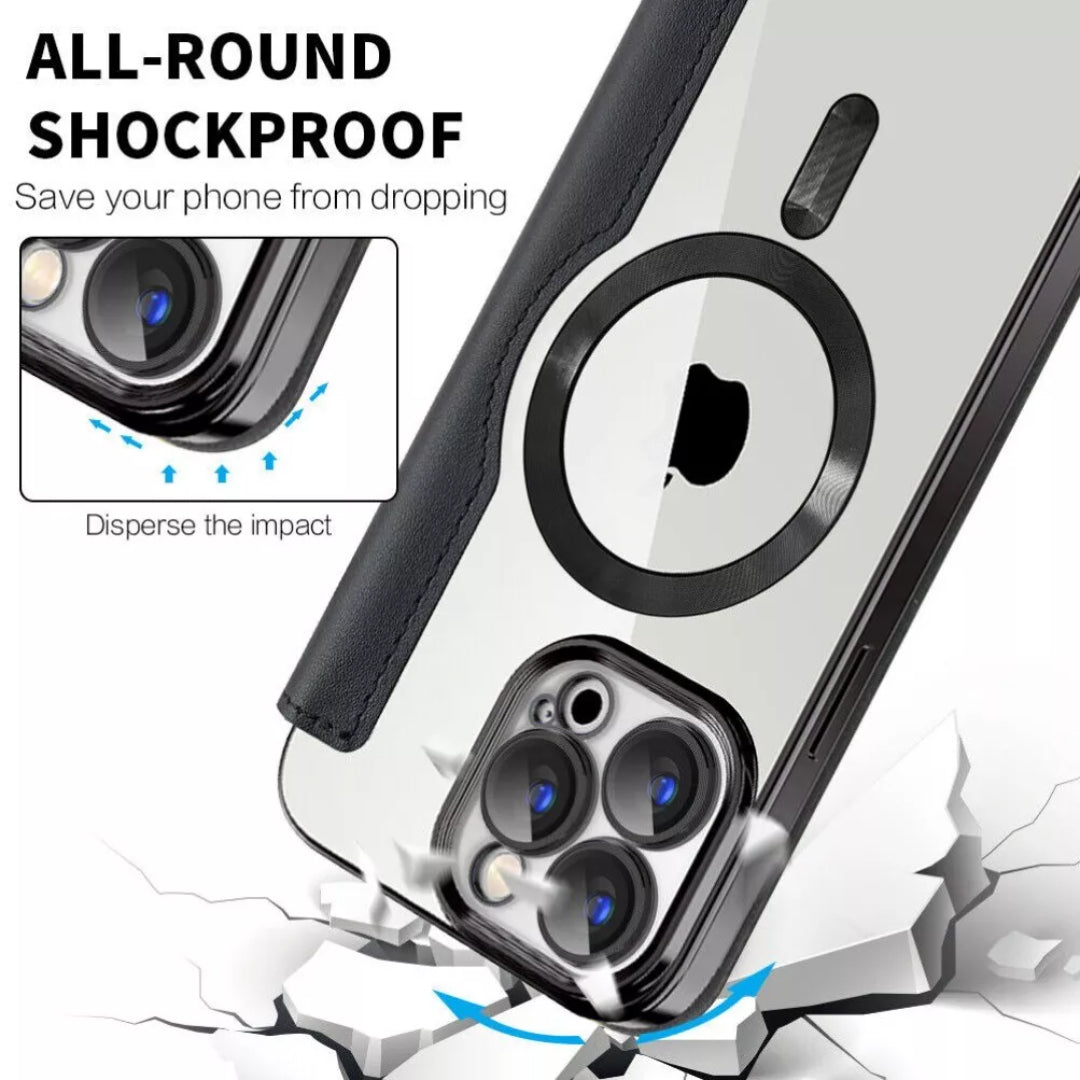 Stylish Magsafe Leather Flip Case with Transparent Back and Credit Card Slot for iPhone - Luxury Protection with Added Convenience