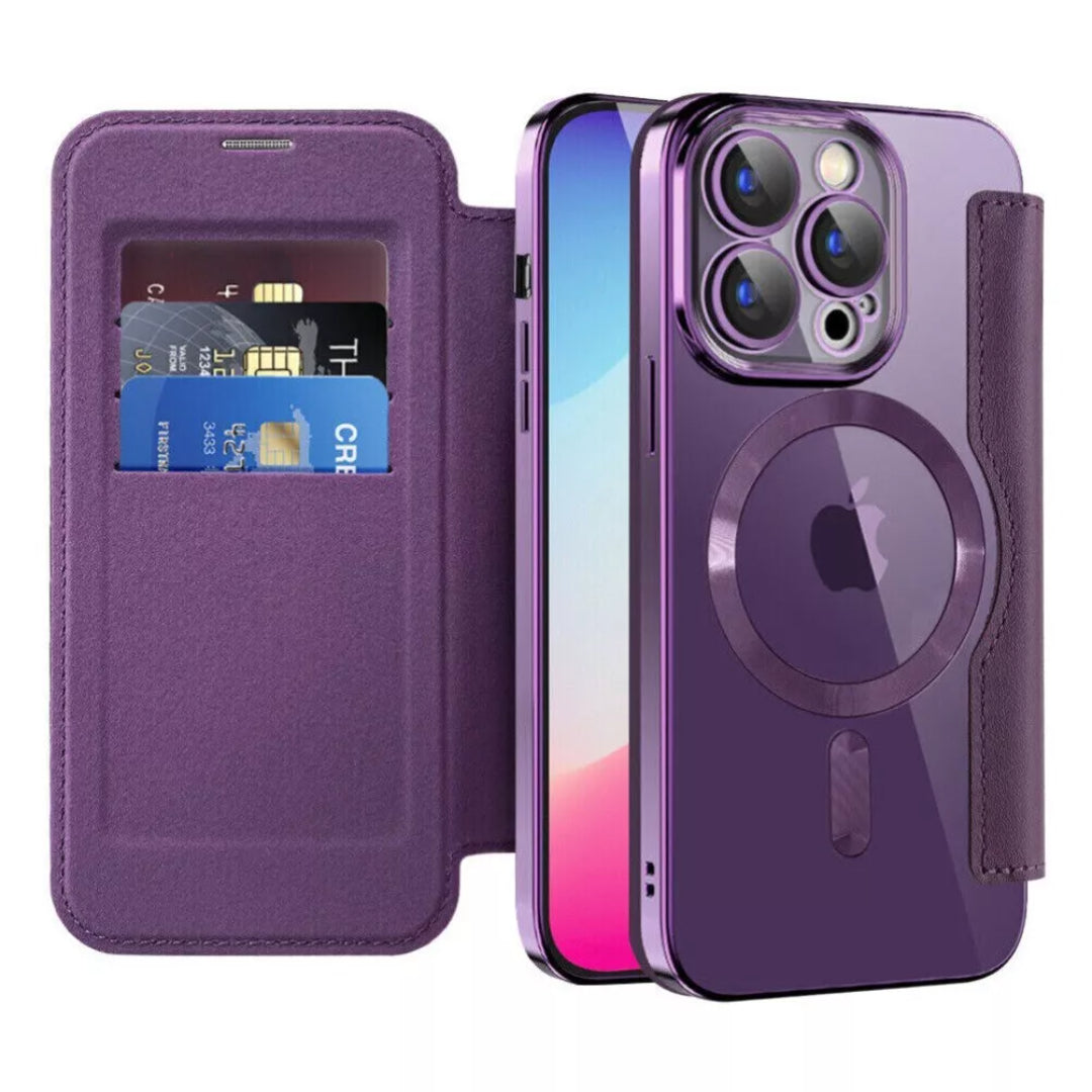 Stylish Magsafe Leather Flip Case with Transparent Back and Credit Card Slot for iPhone - Luxury Protection with Added Convenience